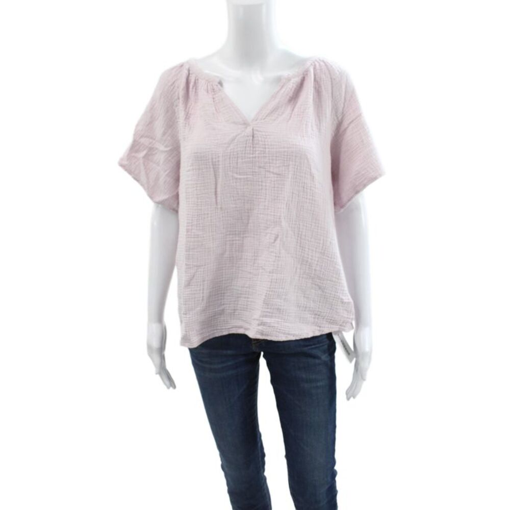Beach Lunch Lounge Womens Pink Cotton V-Neck Short Sleeve Basic Blouse Size M